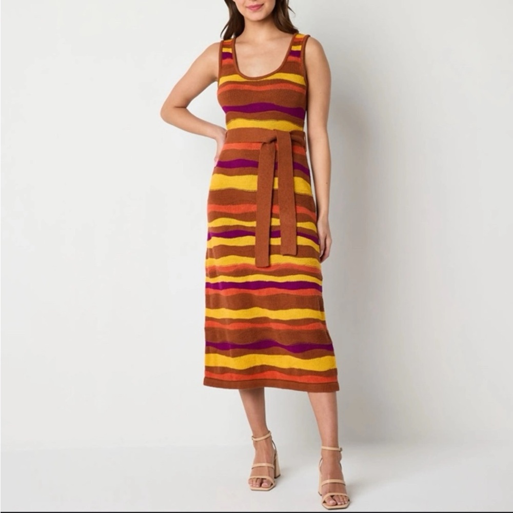 NWT Worthington striped belted sleeveless midi length dress size M